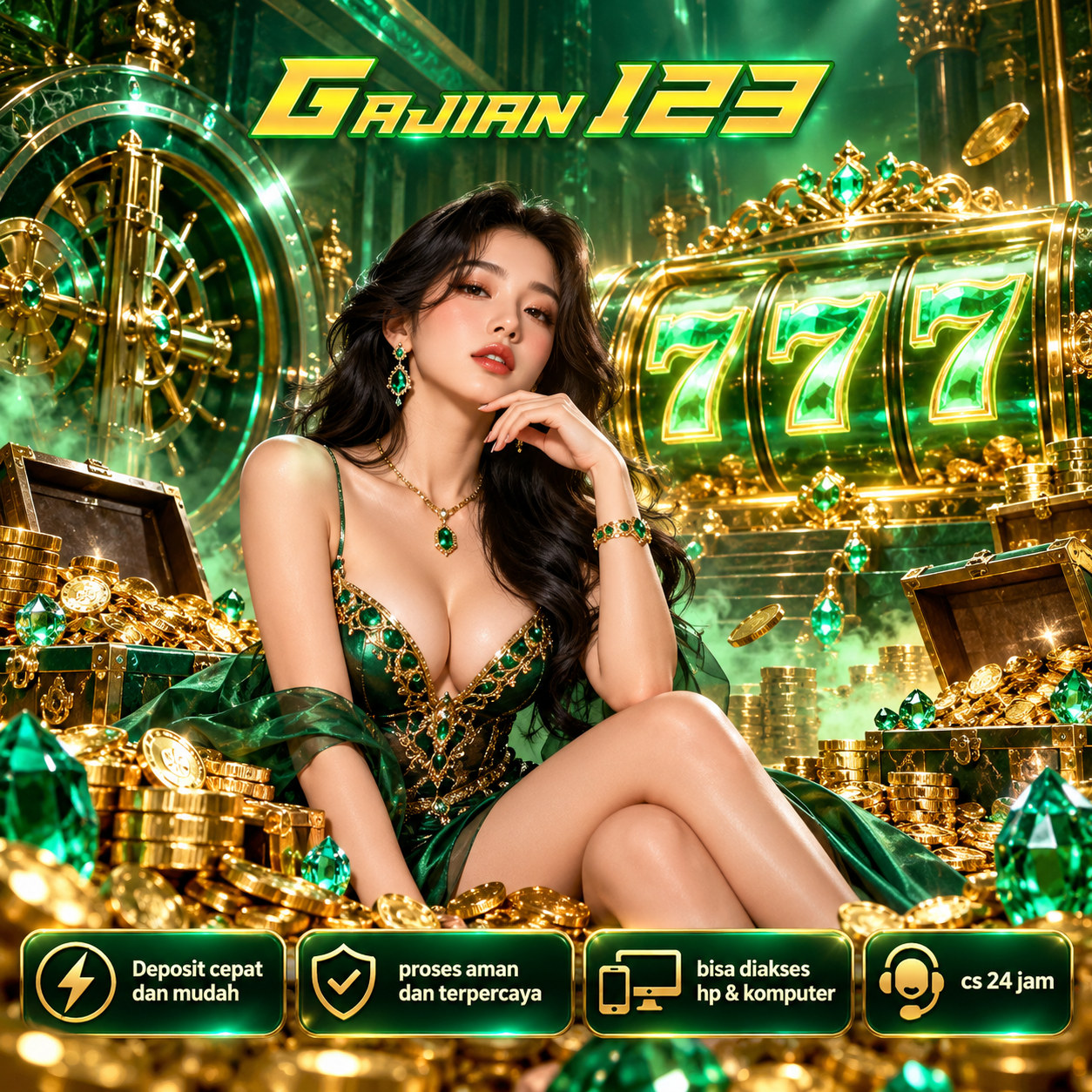 Poster GAJIAN123 zamrud emas dengan karakter, ornamen kristal, dan visual game