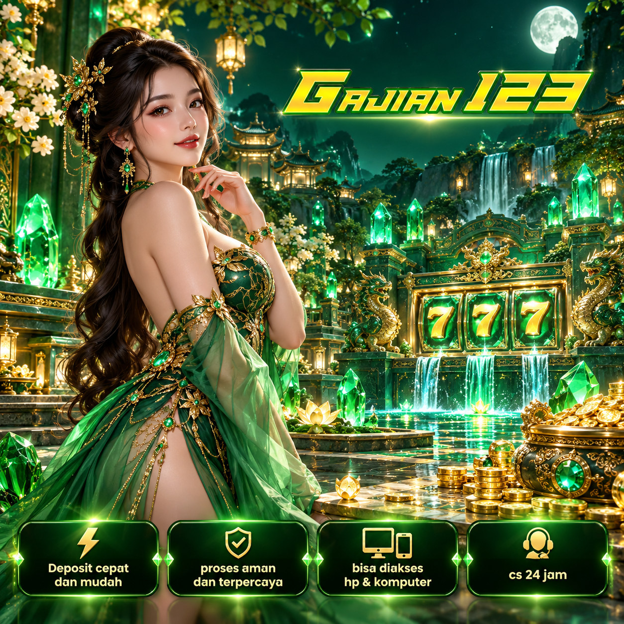 Poster GAJIAN123 bertema taman fantasi dengan kristal zamrud dan ornamen emas