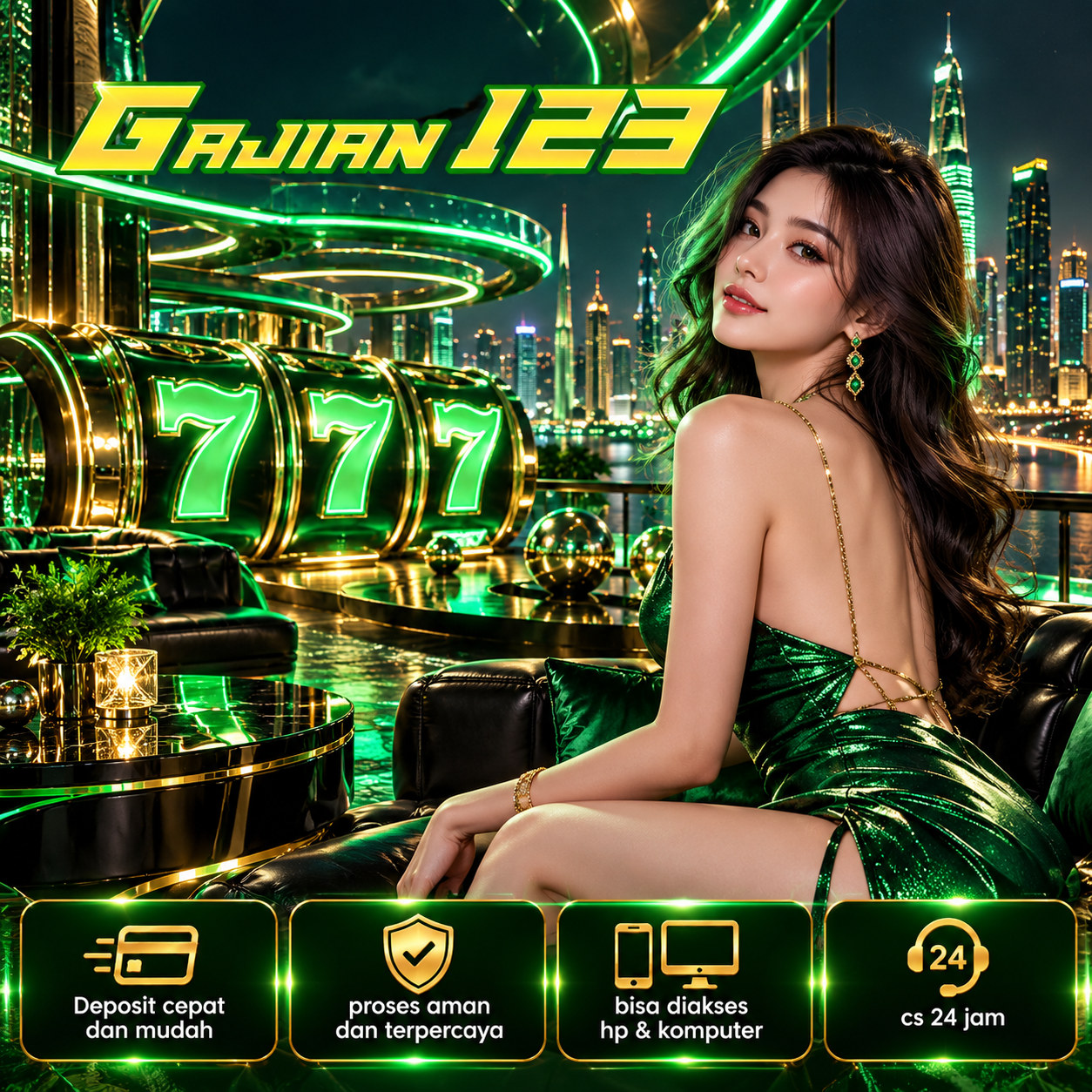 Poster GAJIAN123 dengan panorama kota malam dan dekorasi bercahaya hijau